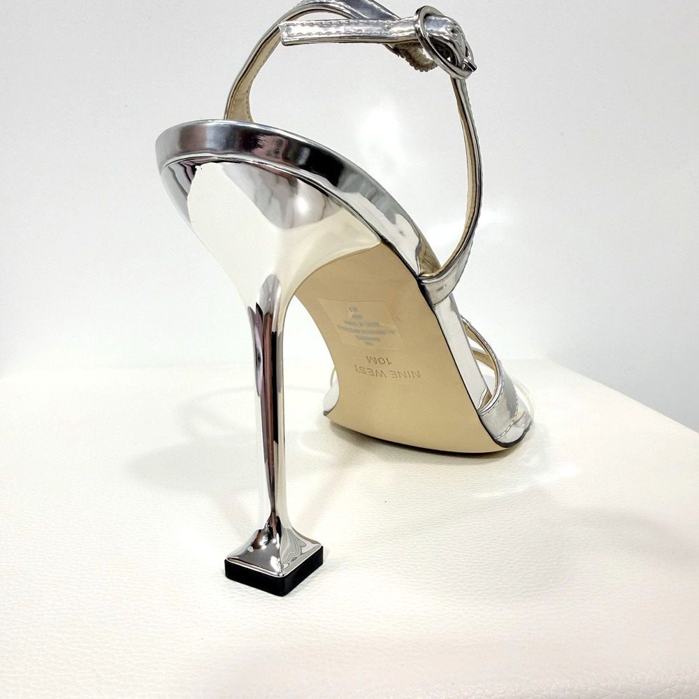 Nine West Heels Pumps Silver Faux Leather Stiletto Open Toe Wo's Size 10 - Picture 4 of 14